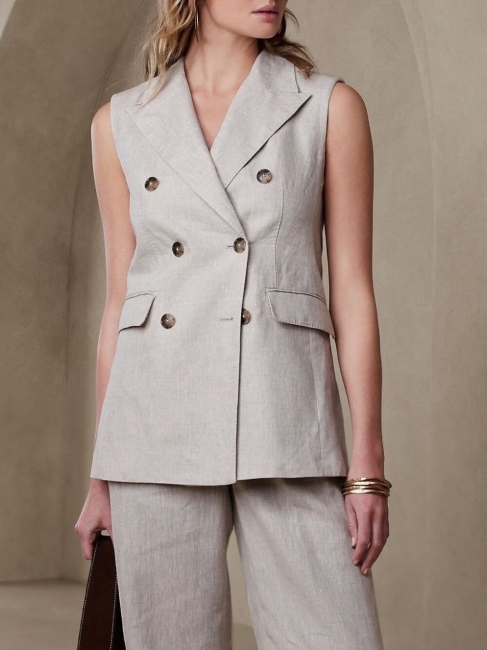 Banana Republic Palma Linen Long Blazer Vest 16 Beige Tan Neutral Suit Lined